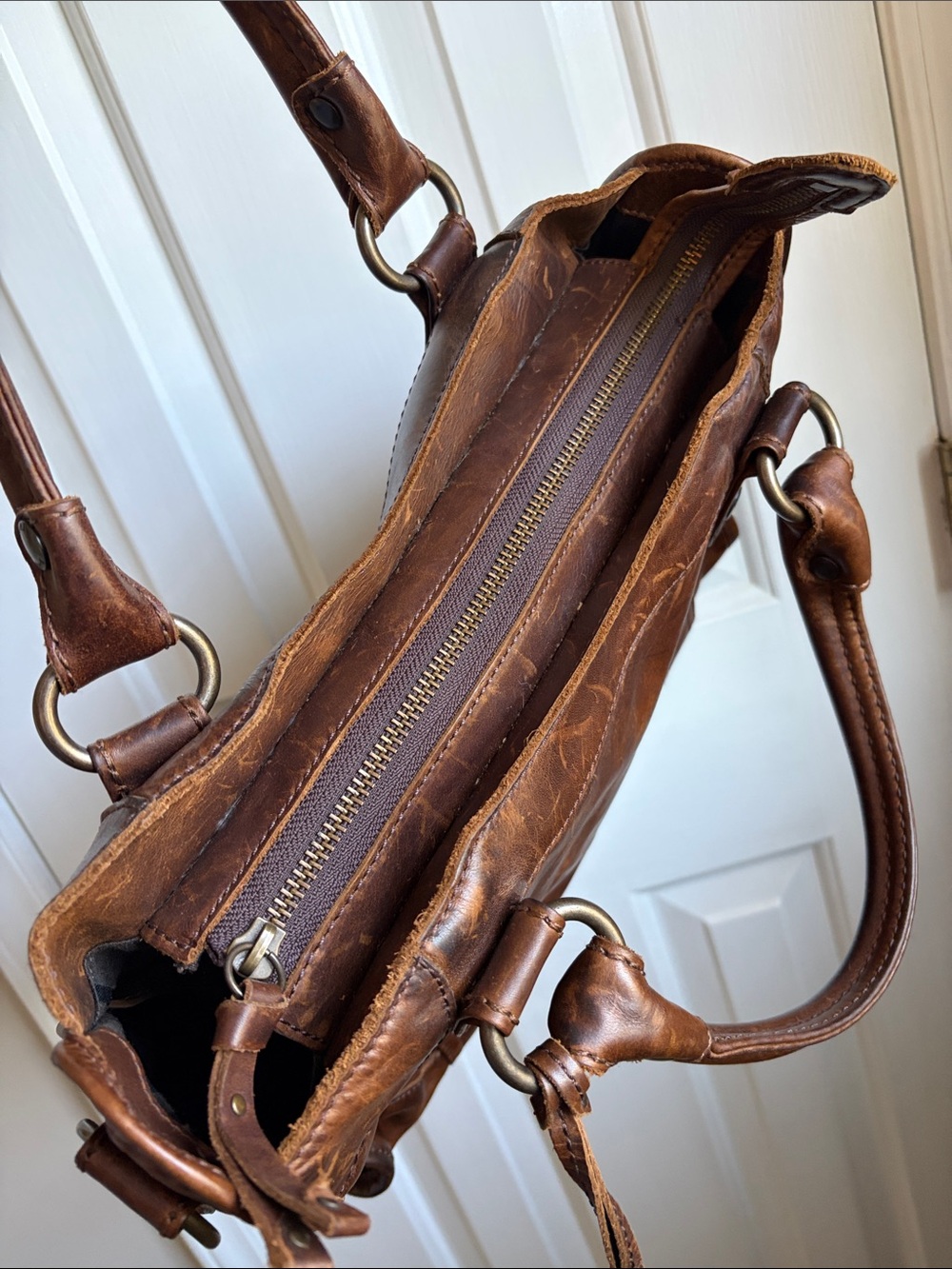 Frye Cognac Brown Italian Leather Tote Melissa Satchel Handbag - Picture 8 of 9